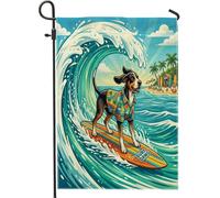 Drapeaux de jardin à motif chien de plage coonhound surfeur 30,5 x 45,7 cm double face pour extérieur, chiot d'été, drapeau vertical en toile standard côtière, vague fraîche avant cour, pelouse