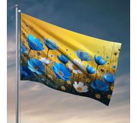 Drapeaux de jardin amusants avec fleurs bleues et blanches qui fleurissent dans un champ vibrant. Drapeau décoratif pour chambre Accessoires pour homme (120 x 180 cm)