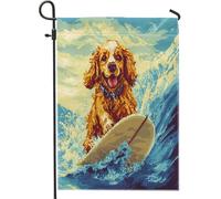 Drapeaux de jardin amusants en forme de chien cocker, 30,5 x 45,7 cm pour l'extérieur, motif pixel d'été, chien de surf, drapeau vertical standard en lin pour maison, chiot, cour, pelouse, décoration