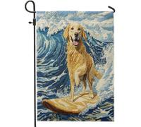 Drapeaux de jardin amusants en forme de chien Golden Retriever - 30,5 x 45,7 cm - Double face pour l'extérieur - Broderie d'été - Surf Chien - Toile verticale standard - Drapeaux de maison pour chiot