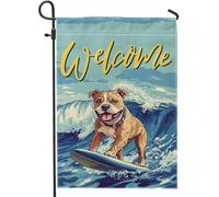 Drapeaux de jardin amusants en forme de chien Pitbull - 30,5 x 45,7 cm - Double face pour décoration extérieure - Pixel Art d'été - Pour chien de surf - En toile - Pour maison, chiot - Petit drapeau
