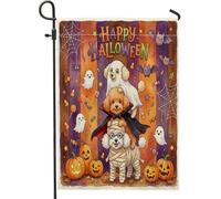 Drapeaux de jardin amusants pour chien caniche d'Halloween 30,5 x 45,7 cm pour l'extérieur, chiot effrayant, fantôme, drapeau vertical standard en lin, imprimé citrouille d'horreur, cour, pelouse