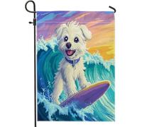 Drapeaux de jardin amusants pour chien maltais, 30,5 x 45,7 cm pour l'extérieur, motif pixel d'été, chien de surf, drapeau vertical standard en lin pour maison, chiot, cour, pelouse, décoration