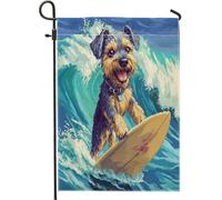 Drapeaux de jardin amusants pour chien schnauzer 30,5 x 45,7 cm pour l'extérieur, motif pixel d'été, chien de surf, drapeau vertical standard en lin pour maison, chiot, cour, pelouse, décoration