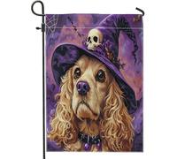 Drapeaux de jardin amusants pour Halloween - 30,5 x 45,7 cm - Double face pour l'extérieur, chapeau de magicien, chiot - Toile standard - Drapeaux de maison gothiques pour cour, cour, pelouse