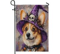 Drapeaux de jardin amusants pour Halloween - 30,5 x 45,7 cm - Double face pour l'extérieur, chapeau de magicien, chiot - Toile standard - Drapeaux de maison gothiques pour cour, cour, pelouse