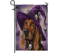 Drapeaux de jardin amusants pour Halloween - 30,5 x 45,7 cm - Double face pour l'extérieur, chapeau de magicien, chiot - Toile standard - Drapeaux de maison gothiques pour cour, cour, pelouse