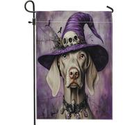 Drapeaux de jardin amusants pour Halloween, sorcière, braque de Weimar, 30,5 x 45,7 cm, double face pour l'extérieur, chapeau de magicien, chiot en toile standard, drapeau de maison, drapeau gothique