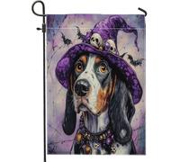 Drapeaux de jardin amusants pour Halloween, sorcière, chien coonhound, 30,5 x 45,7 cm, double face pour l'extérieur, chapeau de magicien, chiot en toile standard, drapeau de maison, drapeau gothique