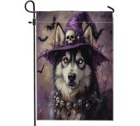 Drapeaux de jardin amusants pour Halloween, sorcière, malamute de l'Alaska, 30,5 x 45,7 cm, double face pour l'extérieur, chapeau de magicien, chiot en toile standard, drapeau de maison, drapeau