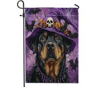 Drapeaux de jardin amusants pour Halloween, sorcière Rottweilers, 30,5 x 45,7 cm, double face pour extérieur, chapeau de magicien, chiot en toile standard, drapeau de maison, drapeau gothique pour