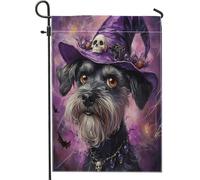 Drapeaux de jardin amusants pour Halloween, sorcière, schnauzer - 30,5 x 45,7 cm - Double face pour l'extérieur, chapeau de magicien, chiot - En toile standard - Drapeaux de maison gothiques pour