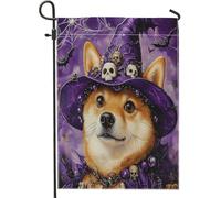 Drapeaux de jardin amusants pour Halloween, sorcière Shiba Lnu, 30,5 x 45,7 cm, double face pour extérieur, chapeau de magicien, chiot en toile standard, drapeau de maison, drapeau gothique avant cour