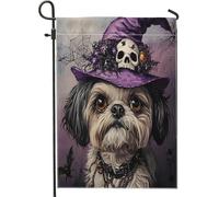 Drapeaux de jardin amusants pour Halloween, sorcière shih tzu, 30,5 x 45,7 cm, double face pour extérieur, chapeau de magicien, chiot en toile standard, drapeau de maison, drapeau gothique pour cour