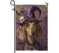 Drapeaux de jardin amusants pour Halloween, sorcière, teckel, 30,5 x 45,7 cm, double face pour l'extérieur, chapeau de magicien, chiot en toile standard, drapeau gothique pour jardin, pelouse, drapeau
