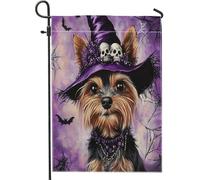 Drapeaux de jardin amusants pour Halloween, sorcière, Yorkshire, chien, 30,5 x 45,7 cm, double face pour extérieur, chapeau de magicien, chiot, toile standard, drapeau de maison, drapeau gothique