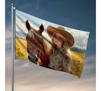 Drapeaux de jardin amusants Rêves floraux : une femme avec son cheval dans un champ de fleurs Drapeau Décoration extérieure Patio Bar Accessoires (60 x 90 cm)