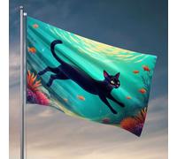 Drapeaux de jardin amusants Un chat noir nage parmi des poissons colorés dans une scène sous-marine. Drapeau cool et amusant (152 x 244 cm)