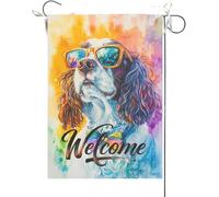 Drapeaux De Jardin Aquarelle De Bienvenue Représentant Un Épagneul Springer Anglais Avec Des Lunettes De Soleil Et Un Nœud Papillon Amusant Bannières Extérieure Drapeau Fierté Pour 30X45CM