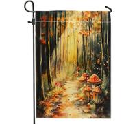 Drapeaux de jardin aquarelle en forme de champignon d'automne de 30,5 x 45,7 cm pour extérieur, paysage de forêt d'automne, drapeaux verticaux standard en lin pour maison, paysages pittoresques