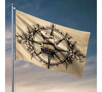 Drapeaux de jardin avec boussole nautique amusante avec bateau à voile et motif floral. Drapeaux pour votre chambre, bar, grotte homme (152 x 244 cm)