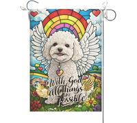 Drapeaux De Jardin Avec Dieu, Tout Est Possible. Bichon Frisé, Vitrail, Pont Arc-En-Ciel, Chien, Maison Commémorative Christianity. Bannière Jardins Durable Bannières Extérieure Pour 30X45CM