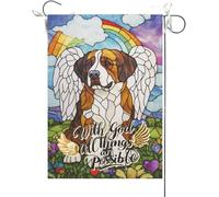 Drapeaux De Jardin Avec Dieu, Tout Est Possible. Saint Bernard Vitrail Pont Arc-En-Ciel Chien Maison De Christianité Mémorial Bannière Jardins Durable Résistant Drapeau Fierté Pour 30X45CM