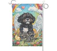Drapeaux De Jardin Avec Dieu, Tout Est Possible. Shih Tzu Noir En Vitrail, Pont Arc-En-Ciel, Chien, Maison Commémorative Christianity. Bannière Jardins Durable Drapeau Fierté Pour 30X45CM