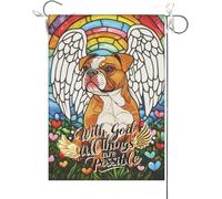 Drapeaux De Jardin Avec Dieu, Tout Est Possible. Vitrail Bouledogue Pont Arc-En-Ciel Chien Christianisme Maison Mémorial Drapeau Fierté Bannière Jardins Couleurs Vives Pour 30X45CM