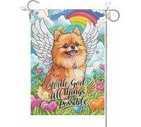 Drapeaux De Jardin Avec Dieu, Tout Est Possible. Vitrail Poméranien Pont Arc-En-Ciel Chien Maison Christianité Mémorial Bannière Jardins Durable Drapeau Fierté Résistant Pour 30X45CM