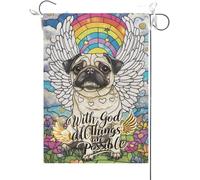 Drapeaux De Jardin Avec Dieu, Tout Est Possible. Vitrail Représentant Un Carlin. Pont Arc-En-Ciel. Maison Commémorative Pour Chiens Chrétiens. Drapeau Fierté Durable Pour 30X45CM