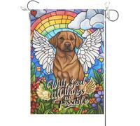 Drapeaux De Jardin Avec Dieu, Tout Est Possible. Vitrail Représentant Un Labrador Retriever, Un Chien Du Pont De L'Arc-En-Ciel Et Un Commémoratif Chrétien. Drapeau Fierté Pour 30X45CM