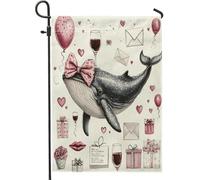 Drapeaux de jardin baleine de Saint-Valentin 30,5 x 45,7 cm double face pour extérieur, océan, mer, vie marine, cœur, drapeau de maison, drapeau de maison, couple d'amant, cour, cour, pelouse