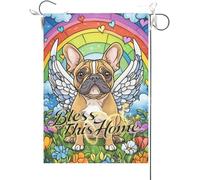 Drapeaux De Jardin Bénissez Cette Maison, Vitrail Représentant Un Bouledogue Français, Pont Arc-En-Ciel, Maison Commémorative Pour Chiens Chrétiens Résistant Drapeau Fierté Pour 30X45CM
