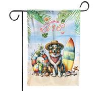Drapeaux De Jardin Berger Australien Bonjour L'Été Avec Lunettes De Soleil Et Planche De Surf Amoureux Des Chiens Australiens Tropicaux Bannière Jardins Durable Drapeaus Décoratif Pour 30X45CM