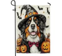 Drapeaux de jardin bernois de sorcière d'Halloween, 30,5 x 45,7 cm pour extérieur, citrouille effrayante, chauve-souris, chiot, drapeau vertical standard en lin pour maison, animal de compagnie
