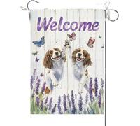 Drapeaux De Jardin Bienvenue À L'Été ! Des Épagneuls Springer Anglais Couleur Lavande Se Sont Tapé Dans La Main. Drapeaus Décoratif Résistant Drapeau Fierté Bannières Extérieure Pour 30X45CM