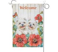 Drapeaux De Jardin Bienvenue À L'Été ! Géranium Rouge, Chien Maltais. Les Chiens Se Tapent Dans La Main. Bannière Jardins Durable Drapeau Fierté Résistant Drapeaus Décoratif Pour 30X45CM