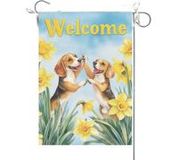 Drapeaux De Jardin Bienvenue À L'Été ! Les Chiens Beagles Daffodil Se Sont Tapé Dans La Main. Drapeau Fierté Durable Drapeaus Décoratif Imperméabiliser Bannière Jardins Pour Festivals 30X45CM