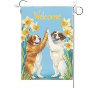 Drapeaux De Jardin Bienvenue À L'Été ! Les Chiens Saint-Bernard Daffodil Se Sont Tapés Dans La Main. Bannière Jardins Durable Bannières Extérieure Résistant Drapeaus Décoratif Pour 30X45CM