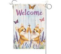 Drapeaux De Jardin Bienvenue À L'Été ! Les Corgis Lavande Se Sont Tapé Dans La Main. Bannière Jardins Imperméabiliser Bannières Extérieure Couleurs Vives Drapeaus Décoratif Pour Défilé 30X45CM