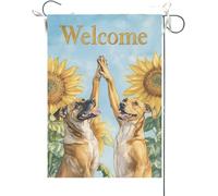 Drapeaux De Jardin Bienvenue À L'Été ! Tournesols. Des Dogue Allemands Se Sont Tapé Dans La Main. Drapeau Fierté Durable Drapeaus Décoratif Résistant Bannières Extérieure Pour Festivals 30X45CM