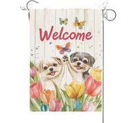 Drapeaux De Jardin Bienvenue À Summer Flower ! Des Shih Tzu Se Sont Tapé Dans La Main. Drapeau Fierté Couleurs Vives Bannière Jardins Résistant Drapeaus Décoratif Pour Balcon Défilé 30X45CM