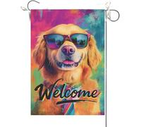 Drapeaux De Jardin Bienvenue Amusante Avec Un Golden Retriever, Chien À L'Aquarelle Portant Des Lunettes De Soleil Et Une Cravate Bannière Jardins Bannières Extérieure Pour 30X45CM