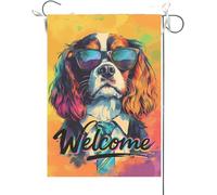 Drapeaux De Jardin Bienvenue Amusante : Cavalier King Charles Spaniel, Aquarelle D'Un Chien Portant Des Lunettes De Soleil Et Une Cravate Drapeau Fierté Bannières Extérieure Durable Pour 30X45CM