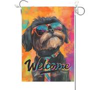 Drapeaux De Jardin Bienvenue Amusante ! Shih Tzu Noir, Aquarelle, Chien Portant Des Lunettes De Soleil Et Une Cravate Drapeau Fierté Durable Drapeaus Décoratif Bannières Extérieure Pour 30X45CM