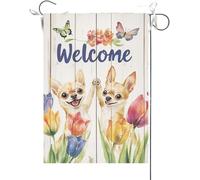 Drapeaux De Jardin Bienvenue Aux Chihuahuas Summer Flower ! Ils Se Sont Tapé Dans La Main. Drapeau Fierté Couleurs Vives Drapeaus Décoratif Imperméabiliser Bannières Extérieure Pour 30X45CM