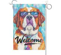Drapeaux De Jardin Bienvenue Saint-Bernard Amusant, Aquarelle D'Un Chien Portant Des Lunettes De Soleil Et Une Cravate Bannière Jardins Drapeau Fierté Durable Drapeaus Décoratif Pour 30X45CM