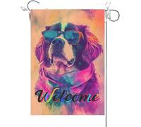 Drapeaux De Jardin Bienvenue Saint-Bernard, Aquarelle D'Un Chien Portant Des Lunettes De Soleil Et Une Écharpe Bannière Jardins Couleurs Vives Bannières Extérieure Pour 30X45CM