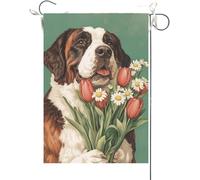 Drapeaux De Jardin Bienvenue Saint Bernard Tenant Une Fleur Bannière Jardins Durable Bannières Extérieure Résistant Drapeaus Décoratif Pour Défilé Célébrations Festivals 30X45CM